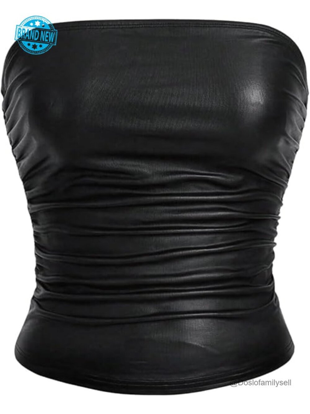 PU Leather Ruched Strapless Tube Crop Top, Sleeveless Bandeau, Fitted Plus Size
